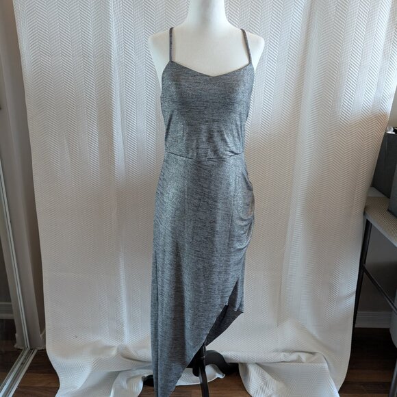 BCBGeneration Liquid Silver Metallic Asymmetrical Ruched Midi Dress Size Medium - Picture 3 of 16